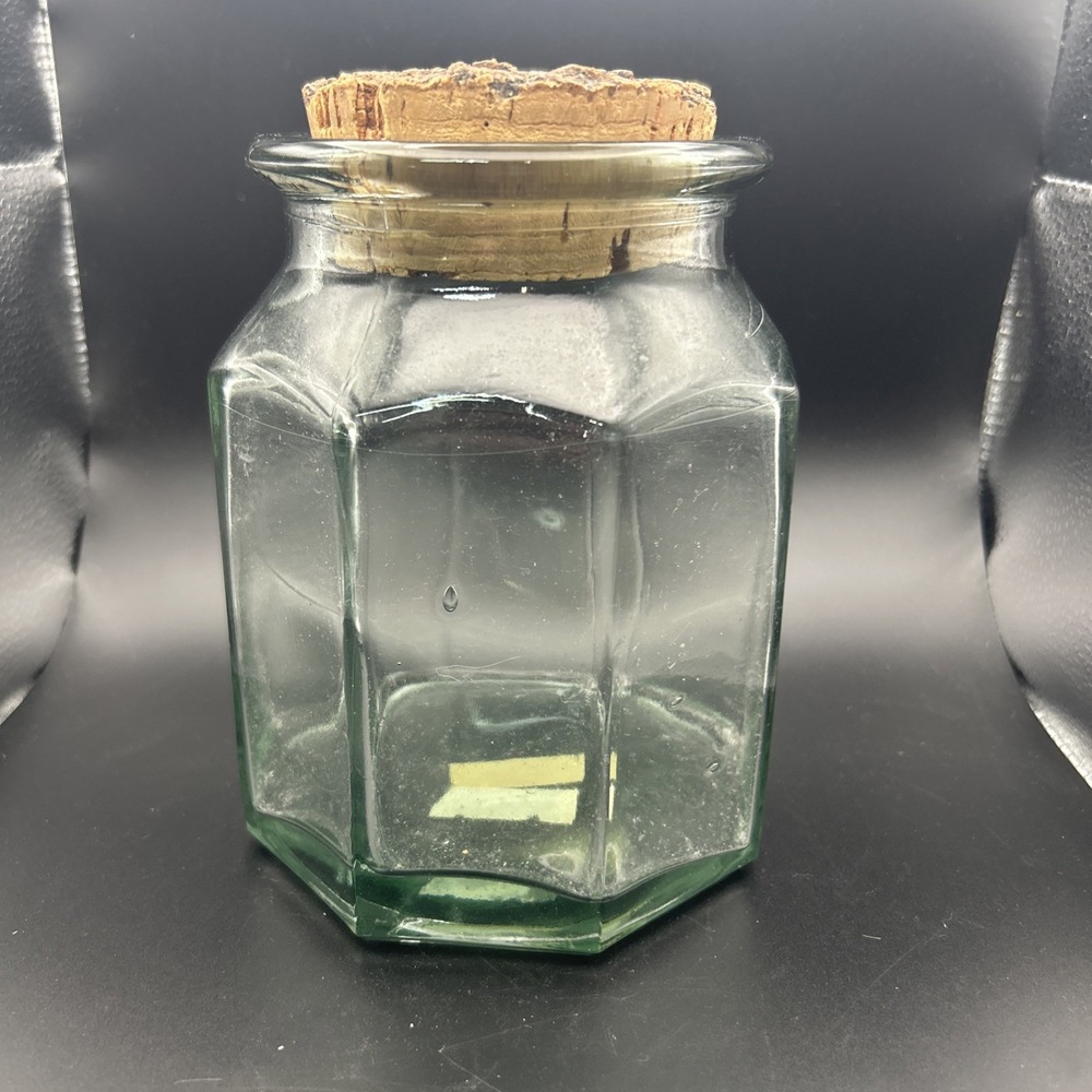Vintage Heavy Green Glass Jar Cork Stopper Top Boho Octagonal Container